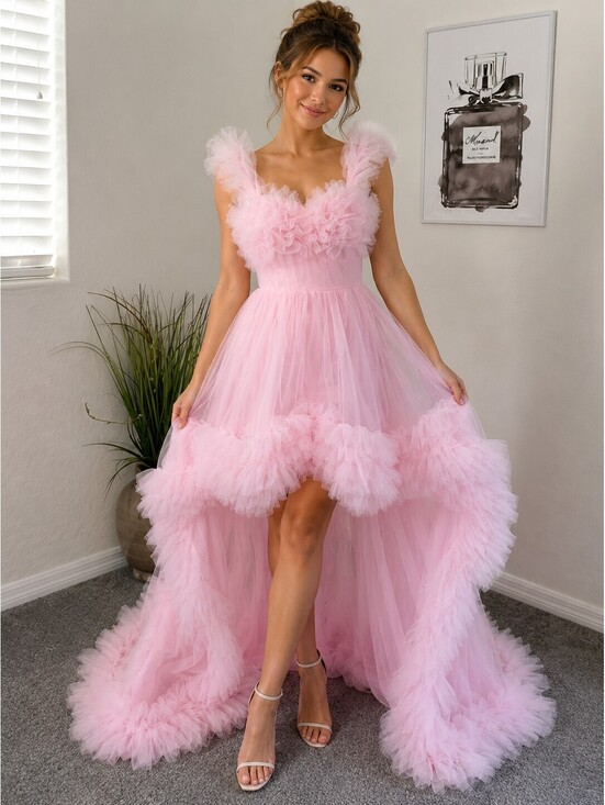 Dresses & Skirts - Pink High Low Tulle Bridal Shower Dress Ruffle Train Wedding Reception Gown NWT